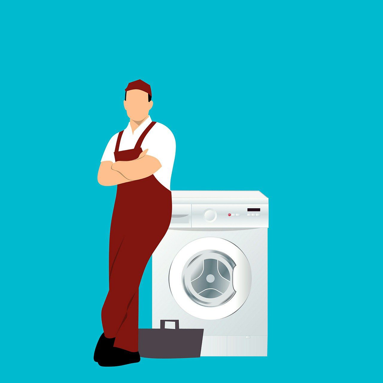Illustration med VVS-installatör lutandes mot tvättmaskin
